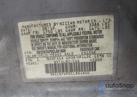 2012 Nissan Versa 1.6 Sv из США, поврежденный, VIN 3N1CN7AP0CL881800